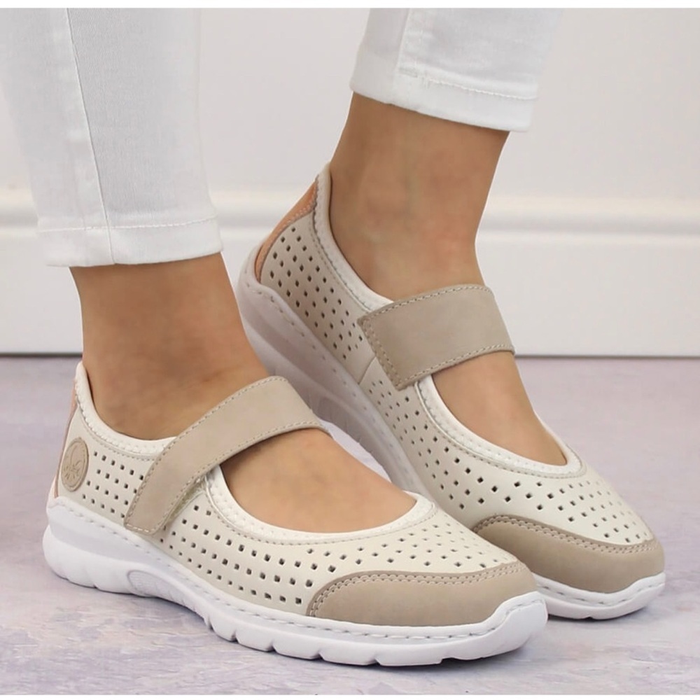 NWOT Rieker AntistressTan and White Comfort Flats with Perforated Design
